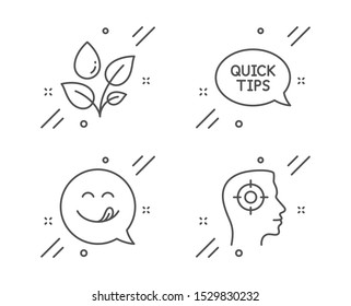 Quickstart guide, Plants watering and Yummy smile line icons set. Recruitment sign. Helpful tricks, Water drop, Emoticon. Headhunter aim. Business set. Line quickstart guide outline icon. Vector