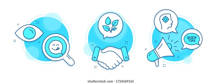 Guía de inicio rápido, riego de plantas e iconos de la línea de sonrisa Yummy. Contratos de apretón de manos, investigación y promoción de iconos complejos. Cartel de reclutamiento. Trucos útiles, gota de agua, emoticono. Objetivo de cazador de cabezas. Vector