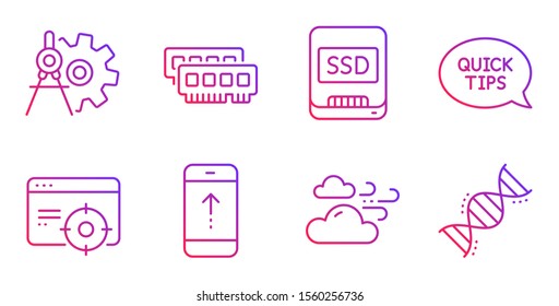 Quickstart guide, Ram and Windy weather line icons set. Seo targeting, Cogwheel dividers and Ssd signs. Swipe up, Chemistry dna symbols. Helpful tricks, Random-access memory. Science set. Vector