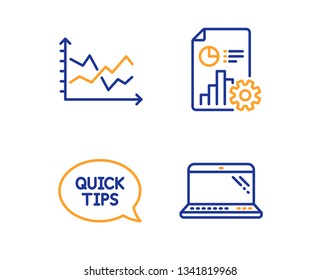 Quickstart guide, Report and Diagram chart icons simple set. Laptop sign. Helpful tricks, Presentation document, Presentation graph. Computer. Science set. Linear quickstart guide icon. Vector