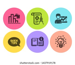 Quickstart guide, Success business and Divider document icons simple set. Instruction info, Decreasing graph and Idea signs. Helpful tricks, Growth chart. Science set. Flat quickstart guide icon