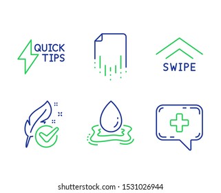 Quickstart guide, Swipe up and Recovery file line icons set. Water splash, Hypoallergenic tested and Medical chat signs. Lightning symbol, Scrolling arrow, Backup document. Aqua drop. Vector