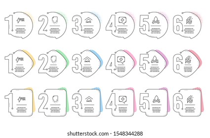 Quickstart guide, Swipe up and Recovery file line icons set. Infographic timeline. Water splash, Hypoallergenic tested and Medical chat signs. Vector