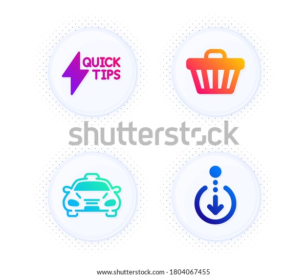 Quickstart guide, Taxi and Shop cart icons simple\
set. Button with halftone dots. Scroll down sign. Lightning symbol,\
Public transportation, Web buying. Swipe screen. Technology set.\
Vector