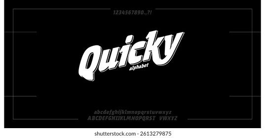 Quicky font Bold monochrome dynamic alphabet, sport sans typeface, impactful versatile font for speed logo, action headline, powerful racing typography, game design. Vector typographic design quick