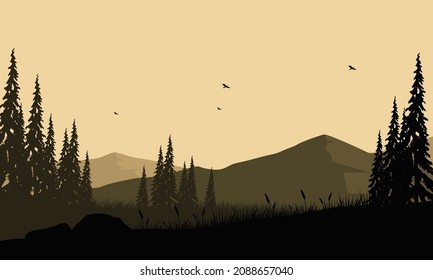 A quiet afternoon in the countryside with beautiful mountain views from the edge of the rice fields at dusk. Vector illustration of a city