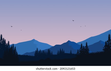 A quiet afternoon in the countryside with enjoying the beautiful view of the mountains at dusk. Vector illustration of a city