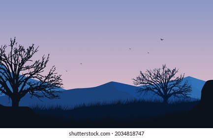 A quiet afternoon in the countryside enjoying a magnificent view of the mountains at dusk. Vector illustration of a city
