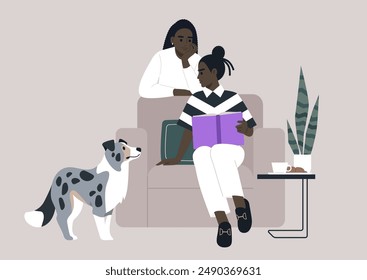 A Quiet Afternoon With a Furry Companion, Two partners sit together on a couch, one reading a book and the other listening intently, while their dog stands by, watching with interest
