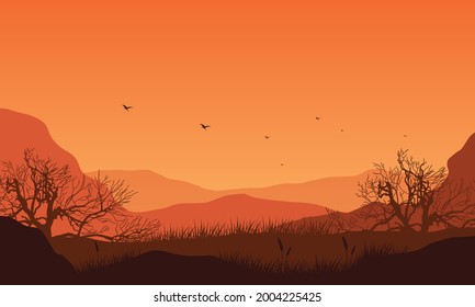 A quiet afternoon with a magnificent view of the mountains from the out of the city at dusk. Vector illustration of a city