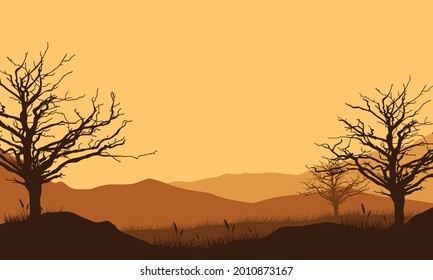 A quiet afternoon with a magnificent view of the mountains from the village at dusk. Vector illustration of a city