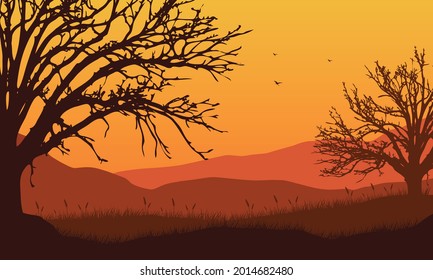 A quiet afternoon with stunning mountain views from the edge of town at dusk. Vector illustration of a city