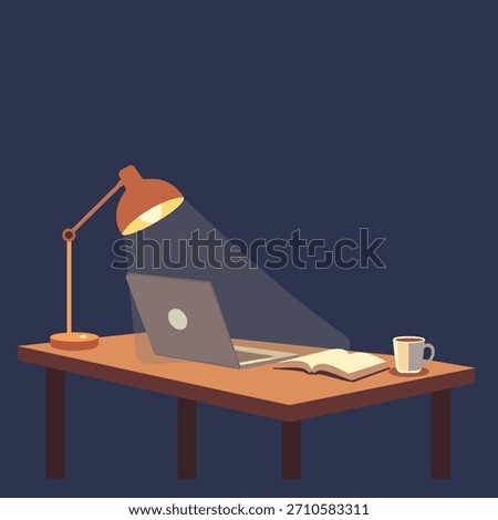 A quiet and atmospheric vector illustration depicting a dedicated study or remote work environment late at night. A desk lamp illuminates a laptop, an open book, and a coffee mug on a wooden