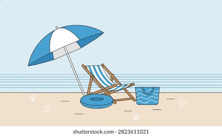 A quiet beach scene with a blue and white umbrella, wooden lounge chair, and swim ring.