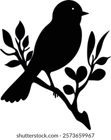 A Quiet Bird Stands on A Leafy Branch silhouette 