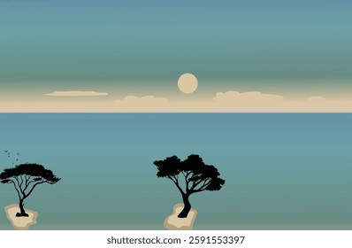 Quiet blue sea vector illustration. Vintage design. Background image.