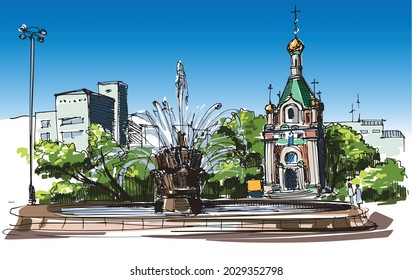 A quiet city landscape - water fountain and Orthodox chapel. Hand drawn sketch