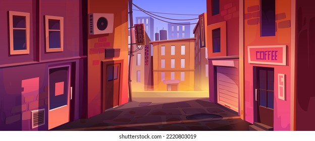 Quiet city street corner, sunset or sunrise urban cityscape background with buildings back exit doors, windows, old walls and view on central illuminated road, Cartoon vector game or book illustration