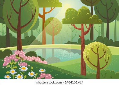 Paisaje forestal. Madera veraniega con flores y libra.