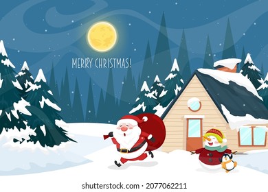 A quiet country house scene in the snow on a full moon Christmas. Santa claus in Rural scene backgroud A peaceful countryside set in snow all over Christmas. Winter rural with home in snowy.