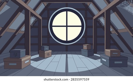 Quiet empty attic room featuring a large round window casting light on wooden floors with cobwebs and scattered storage boxes.
