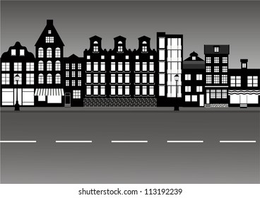 Quiet european city street in black and white vector illustration