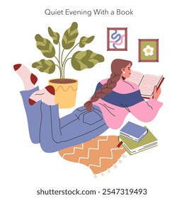 Noche tranquila con un concepto de libro. La mujer disfruta de la lectura en un acogedor sillón, que encapsula la serenidad de una noche de ocio. Relajación interior con literatura y decoración del hogar. Ilustración vectorial.