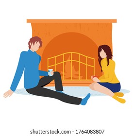 Quiet evening by the fire background. Modern illustration slider site page. An evening spent with the family web banner. The concept of socializing around the fireplace. Vector image design.