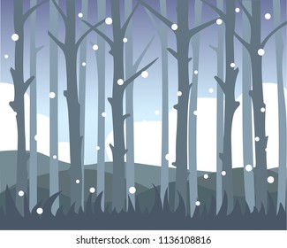 Quiet forest view with falling first snow. Monochrome design. Vector background