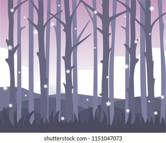 Quiet forest view with falling first snow. Monochrome design. Vector background