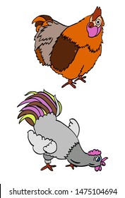 Quiet hen and angry rooster. Hand drawn vector style isolated on white background.