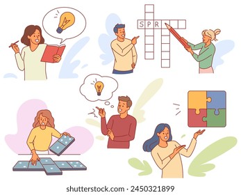 Quiet home hobbies. Thoughtful people solve crosswords, dominoes and puzzles, logical thinking, brain training games, knowledge and education concept, cartoon flat isolated vector set