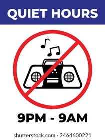 Quiet hours from 9pm to 9 am. No music or radio audio sign icon illustration with red circle cross isolated on vertical background. Simple flat cartoon styled drawing for poster prints.