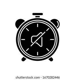 Quiet hours black glyph icon. Dormitory rules. Noise limit. Silence time. Residential life. Respectful attitude. Peaceful environment. Silhouette symbol on white space. Vector isolated illustration