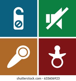 Quiet icons set. set of 4 quiet filled icons such as pacifier, do not disturb, no sound
