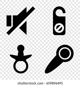 Quiet icons set. set of 4 quiet filled icons such as pacifier, do not disturb, no sound