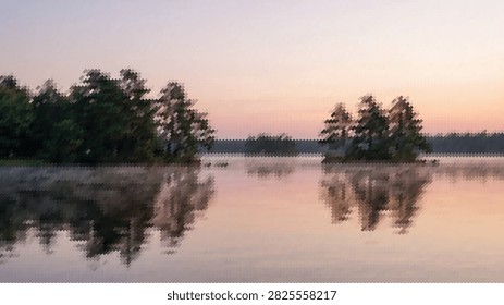 Quiet lake surrounded by forest with small islands reflecting in still water under pastel colored sky during peaceful morning sunrise landscape scene.