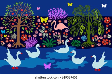 Quiet lake with swans. Seamless vector border with evening landscape.
