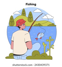 Quiet Lakeside Fishing. Angler in a hat catches a fish in a tranquil lake setting, surrounded by lush foliage and under a sunny sky. Perfect camping activity. Flat vector illustration