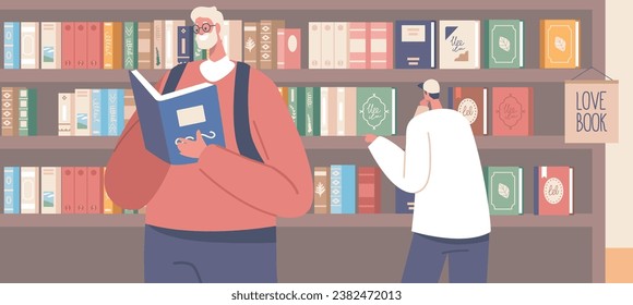 In The Quiet Library, Men Select Books From Neatly Arranged Shelves, Their Fingers Tracing Titles, Seeking Knowledge