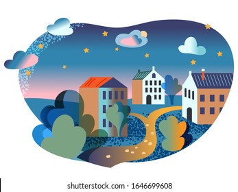 Quiet magic fairytale city at night landscape. Small town with apartment house building. Starry sky at midnight. Moon behind cloud. Rest relax. Fantasy, creativity, imagination. Vector illustration