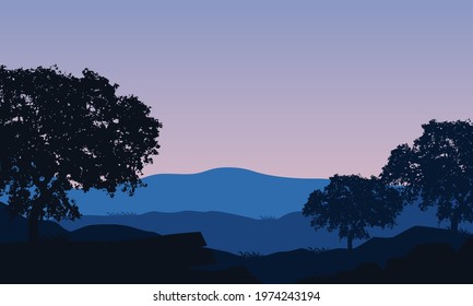 A quiet morning in the countryside with fantastic silhouettes of mountains and trees from the suburbs. Vector illustration of a city