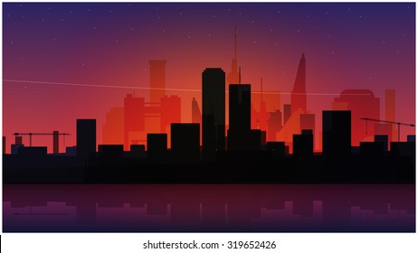 quiet night city scene with stars in the sky, modern buildings. vector abstract background design