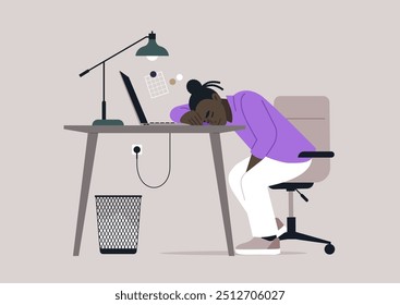 In a quiet office setting, a tired worker leans over their desk, dozing off amid scattered paperwork and a flickering computer screen, showcasing the exhaustion of a busy workday