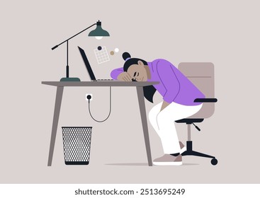 In a quiet office setting, a tired worker leans over their desk, dozing off amid scattered paperwork and a flickering computer screen, showcasing the exhaustion of a busy workday