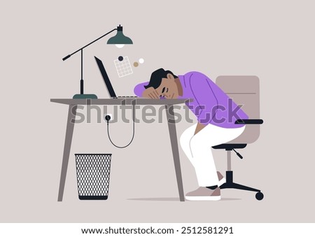In a quiet office setting, a tired worker leans over their desk, dozing off amid scattered paperwork and a flickering computer screen, showcasing the exhaustion of a busy workday