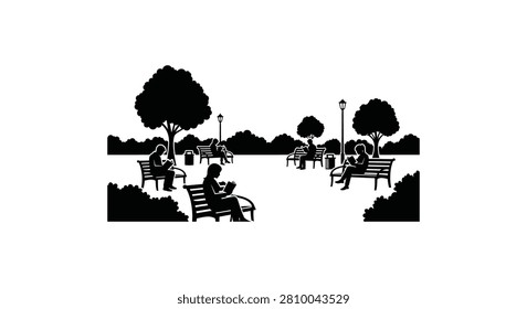 Quiet outdoor scene with multiple individuals reading books while resting on wooden benches in public park setting black silhouettes.