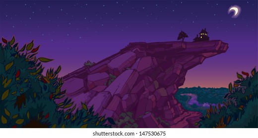 A quiet and peaceful scene of a house and tree with a tire swing on top of a mountain in the evening. Light shows through the windows. Created as a vector illustration.