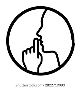 Quiet please silence concept icon with human silhouette profile and finger pressed to lips, discreet
