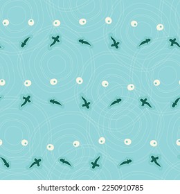 Quiet Pond. Vector powder blue seamless pattern. Tadpoles and frogspawn aligned to a well-ordered ballet on a serene background with concentric ripples. Part of Out Little Pond collection.